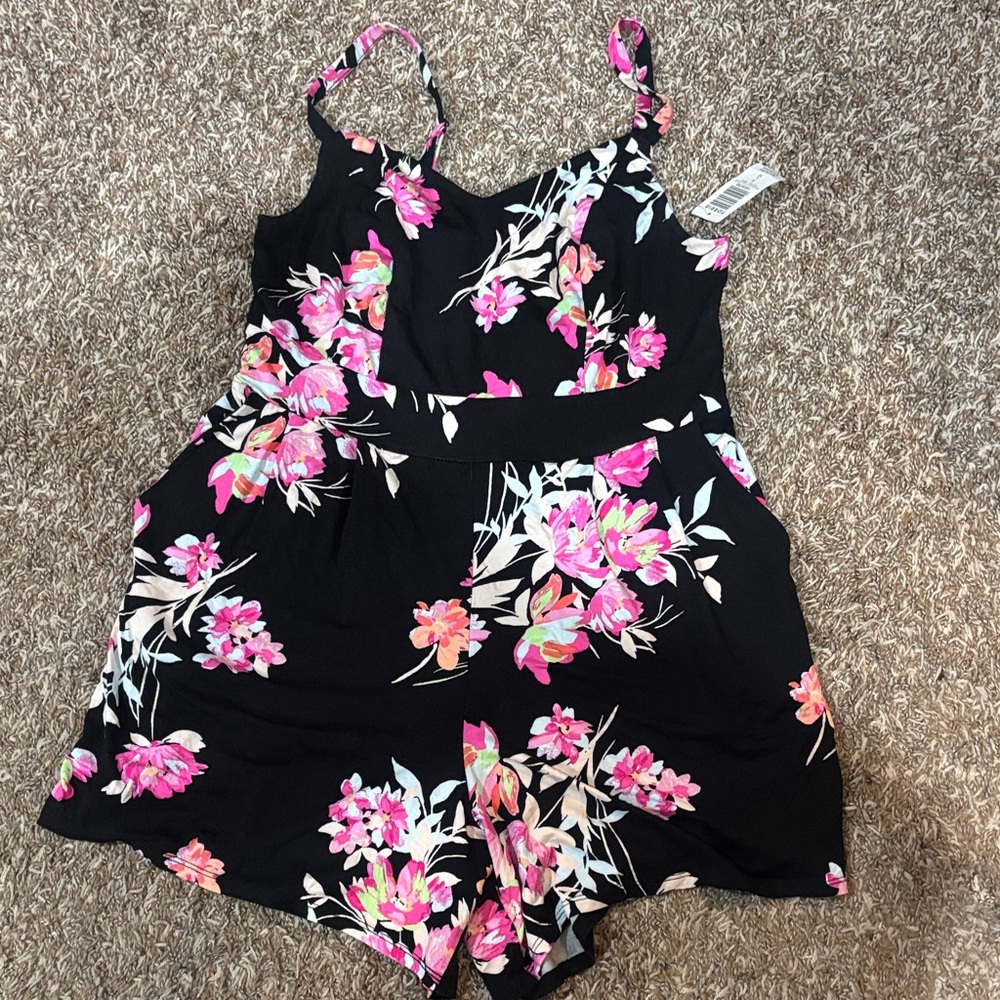 torrid Black Floral One-Piece Romper with Pink and Coral Blossoms